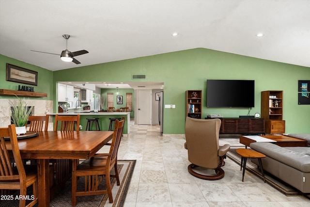 2301 E Sunnyside Dr, Phoenix, AZ 85028 - dining space featuring ceiling fan, lofted ceiling, and recessed lighting