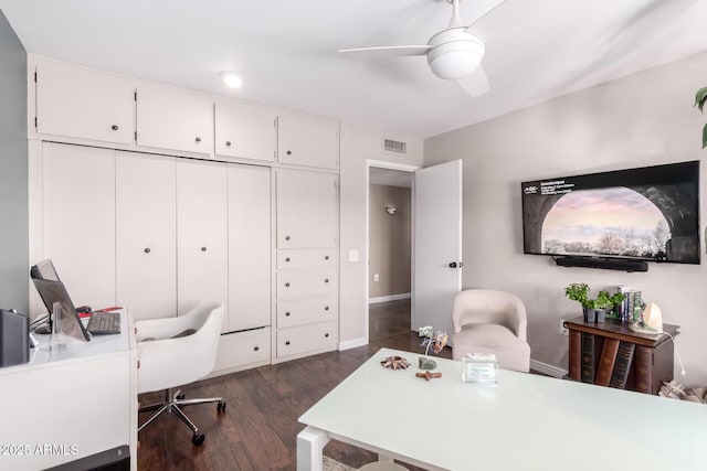 office space featuring ceiling fan, dark wood finished floors, visible vents, and baseboards