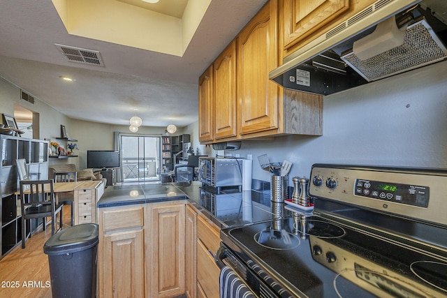 2228 N 52nd St Unit 213, Phoenix, AZ 85008 - kitchen with stainless steel electric range, under cabinet range hood, dark countertops, a peninsula, and light wood-type flooring