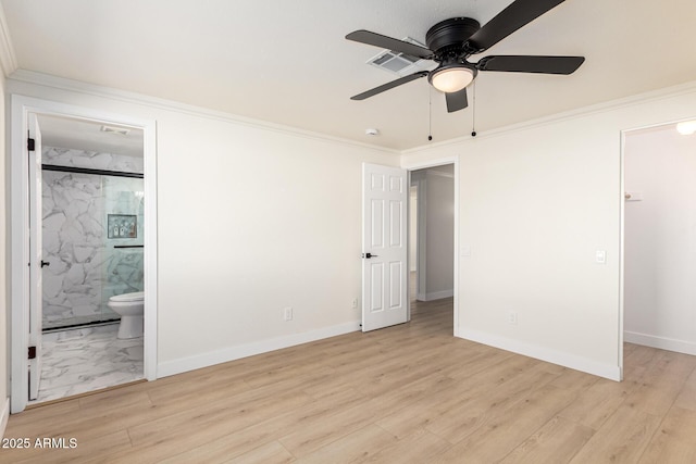 1611 W Palomino Dr, Chandler, AZ 85224 - unfurnished bedroom with crown molding, light wood-style floors, ensuite bath, and ceiling fan
