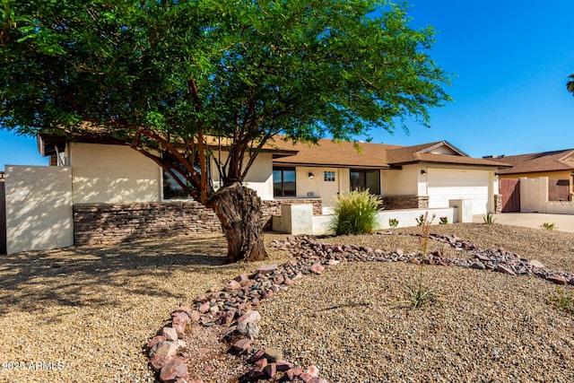 1611 W Palomino Dr, Chandler, AZ 85224 - single story home with stone siding, stucco siding, a garage, and concrete driveway