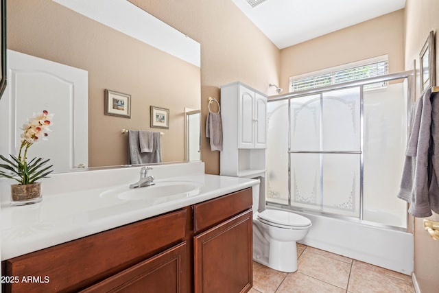 full bathroom featuring visible vents, toilet, enclosed tub / shower combo, vanity, and tile patterned flooring