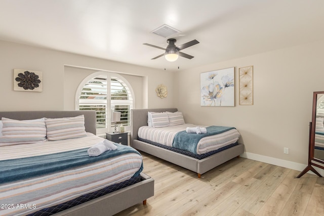 bedroom featuring baseboards, a ceiling fan, light wood-type flooring, and visible vents