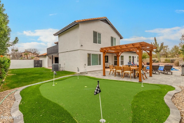 back of property with a patio area, cooling unit, a fenced backyard, a pergola, and stucco siding