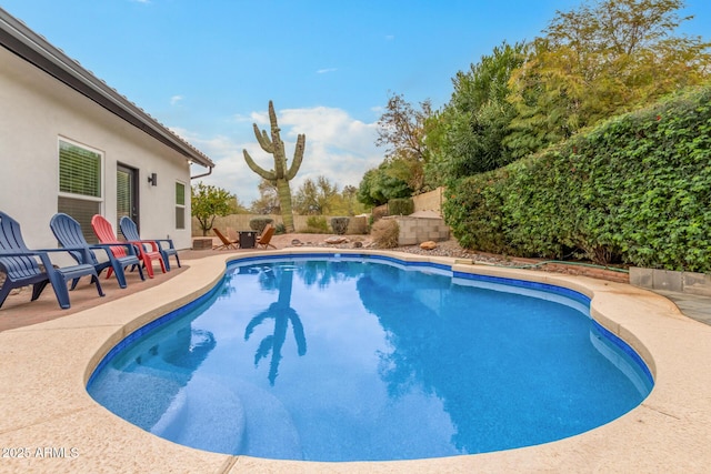 view of swimming pool with a fenced in pool, a fenced backyard, and a patio area