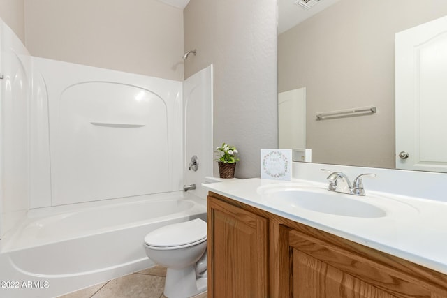 bathroom featuring visible vents, bathing tub / shower combination, toilet, tile patterned floors, and vanity