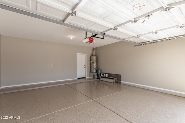 garage featuring water heater, baseboards, and a garage door opener