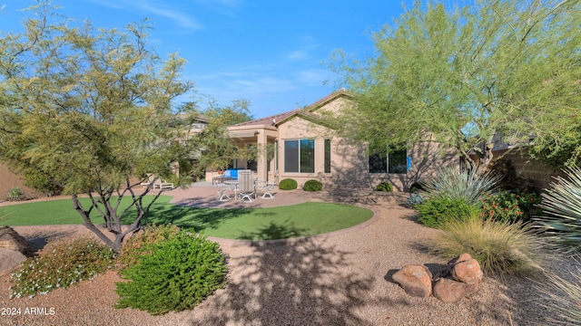 back of house with a patio and a lawn