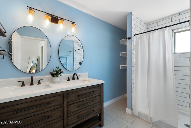 bathroom featuring tile patterned flooring, a sink, double vanity, and a shower with shower curtain