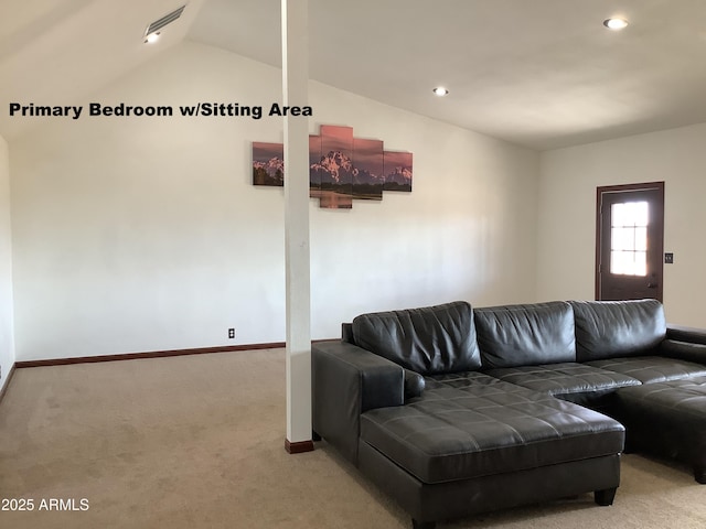 3607 E Mule Deer Rd, Pearce, AZ 85625 - living room with carpet, baseboards, lofted ceiling, and recessed lighting
