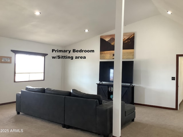 3607 E Mule Deer Rd, Pearce, AZ 85625 - living room with carpet flooring, baseboards, vaulted ceiling, and recessed lighting