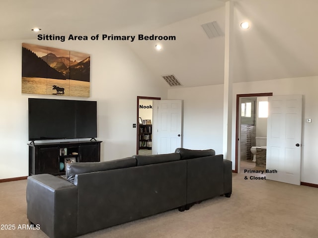 3607 E Mule Deer Rd, Pearce, AZ 85625 - carpeted living room featuring baseboards, high vaulted ceiling, and recessed lighting