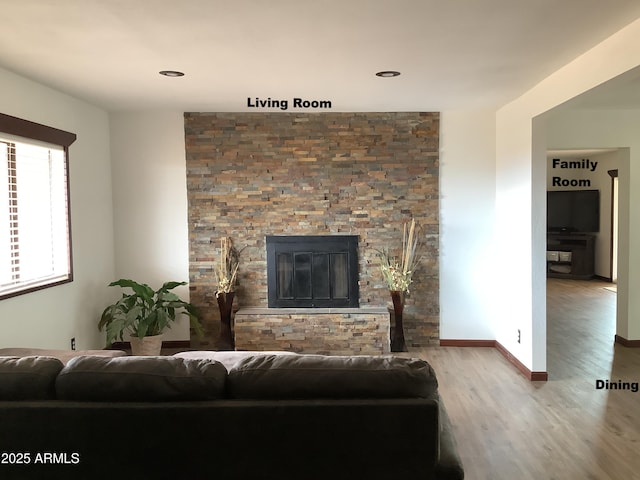 3607 E Mule Deer Rd, Pearce, AZ 85625 - living room with wood finished floors, a glass covered fireplace, and baseboards