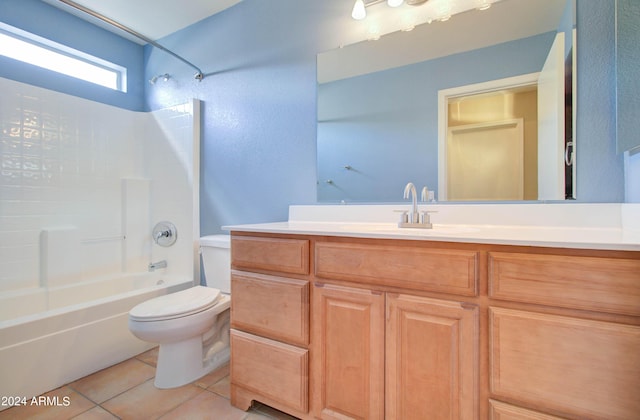 full bath featuring washtub / shower combination, vanity, toilet, and tile patterned floors