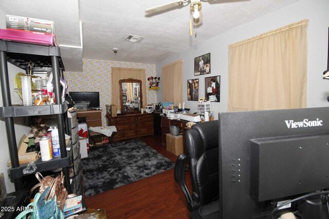 1211 E Fillmore St, Phoenix, AZ 85006 - home office featuring wallpapered walls, wood finished floors, a ceiling fan, and a textured ceiling