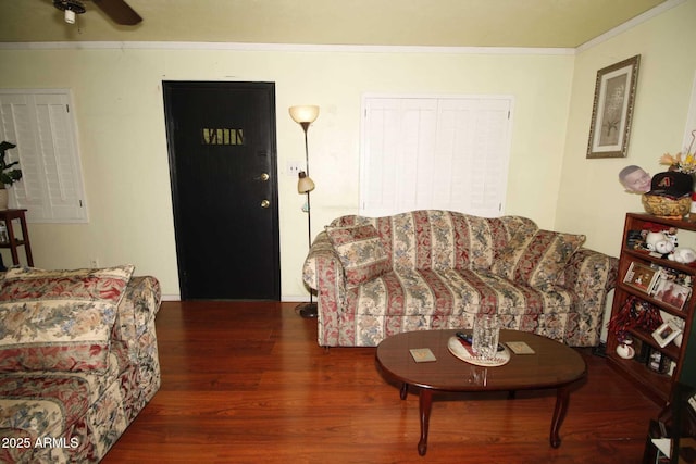 1211 E Fillmore St, Phoenix, AZ 85006 - living area with wood finished floors, crown molding, and ceiling fan