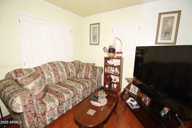 1211 E Fillmore St, Phoenix, AZ 85006 - living area featuring wood finished floors and ornamental molding