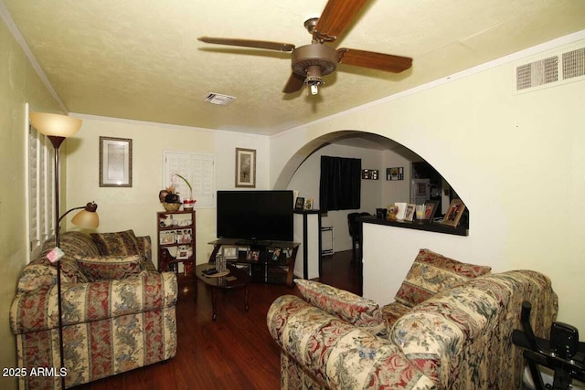 1211 E Fillmore St, Phoenix, AZ 85006 - living room featuring wood finished floors, ceiling fan, and crown molding