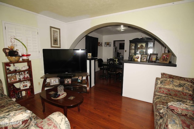 1211 E Fillmore St, Phoenix, AZ 85006 - living area featuring wood finished floors, crown molding, and arched walkways