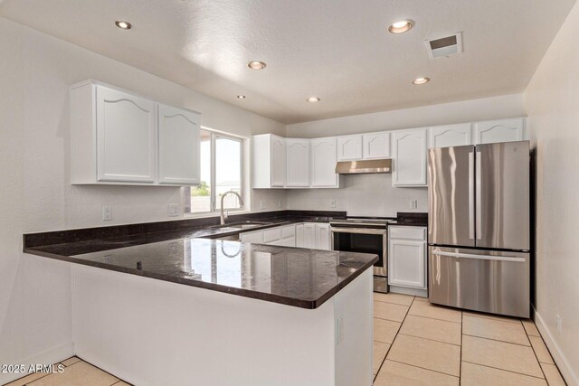 19006 E Karsten Dr, Queen Creek, AZ 85142 - kitchen with appliances with stainless steel finishes, under cabinet range hood, a peninsula, white cabinets, and a sink