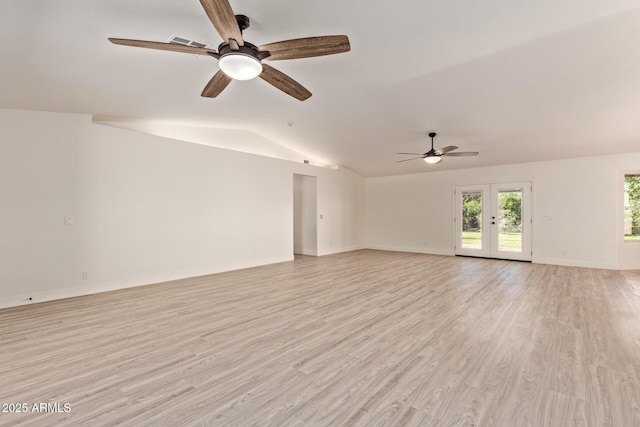 19006 E Karsten Dr, Queen Creek, AZ 85142 - unfurnished room featuring a ceiling fan, vaulted ceiling, light wood-type flooring, baseboards, and french doors
