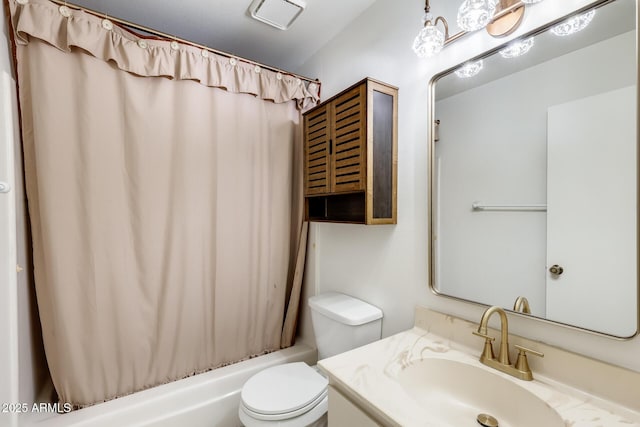 full bathroom with toilet, vanity, and shower / bathtub combination with curtain