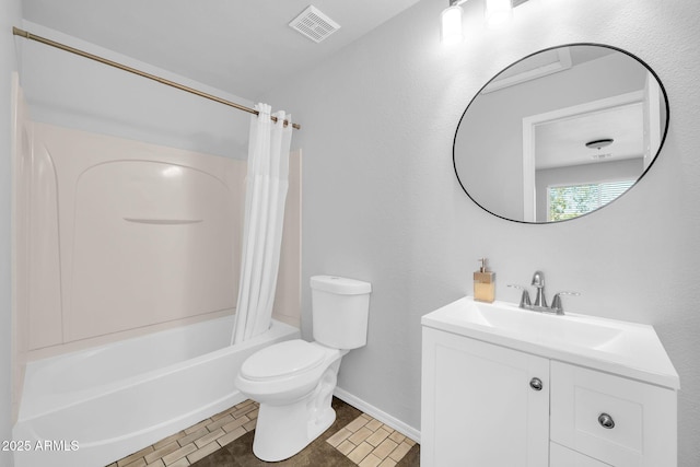 14521 W Gelding Dr, Surprise, AZ 85379 - bathroom with vanity, shower / tub combo with curtain, toilet, baseboards, and visible vents