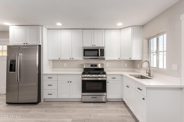 kitchen with stainless steel appliances, white cabinetry, sink, and light wood-type flooring