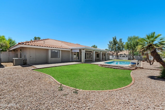 3822 E Florian Ave, Mesa, AZ 85206 - rear view of house with a tile roof, a patio, stucco siding, french doors, and central AC
