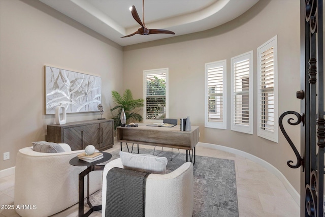 8599 E Sand Flower Dr, Scottsdale, AZ 85266 - office space with ceiling fan, baseboards, and a tray ceiling