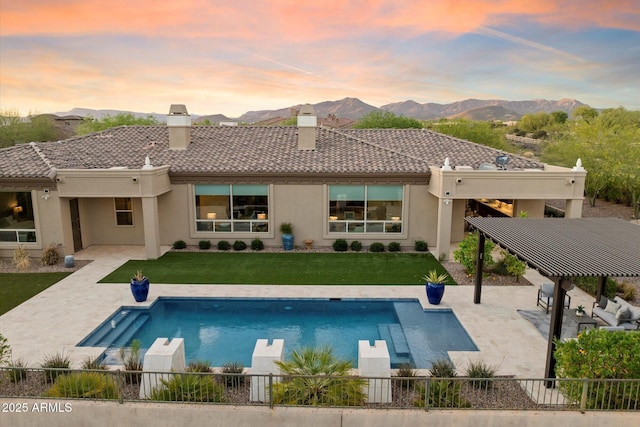 8599 E Sand Flower Dr, Scottsdale, AZ 85266 - back of house with a tile roof, a patio area, a chimney, fence, and stucco siding