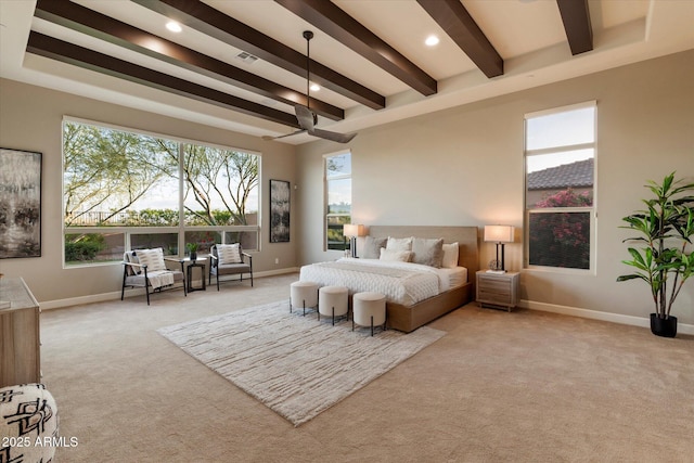 8599 E Sand Flower Dr, Scottsdale, AZ 85266 - bedroom featuring baseboards, carpet flooring, beam ceiling, and recessed lighting