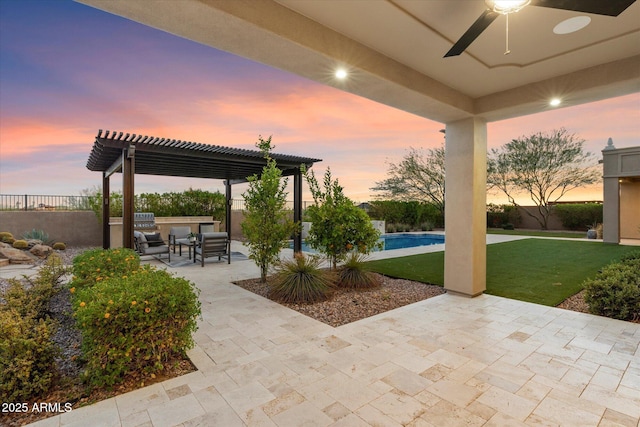 8599 E Sand Flower Dr, Scottsdale, AZ 85266 - view of patio featuring a fenced in pool, a pergola, fence, ceiling fan, and an outdoor living space