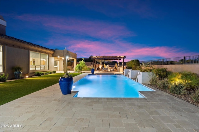 8599 E Sand Flower Dr, Scottsdale, AZ 85266 - pool at dusk featuring a fenced in pool, a pergola, fence, a patio area, and a yard
