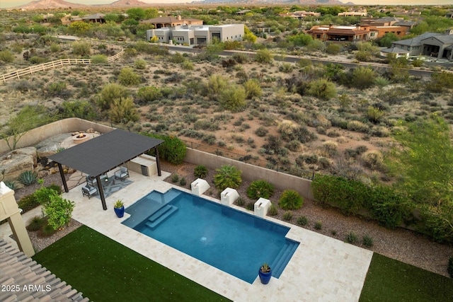 8599 E Sand Flower Dr, Scottsdale, AZ 85266 - view of swimming pool featuring a fenced in pool, a fenced backyard, a mountain view, a gazebo, and a patio