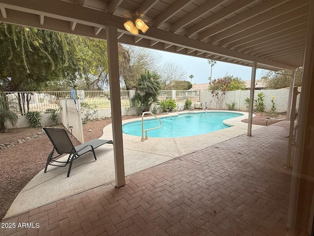 view of swimming pool with a patio, a fenced backyard, and a fenced in pool