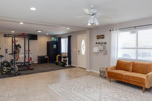 foyer entrance featuring recessed lighting, baseboards, ceiling fan, and tile patterned flooring