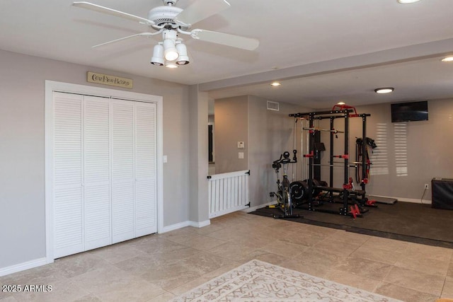 workout area featuring baseboards, ceiling fan, recessed lighting, and visible vents