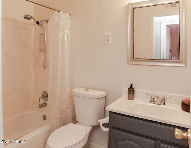 bathroom featuring toilet, visible vents, shower / bathtub combination with curtain, and vanity