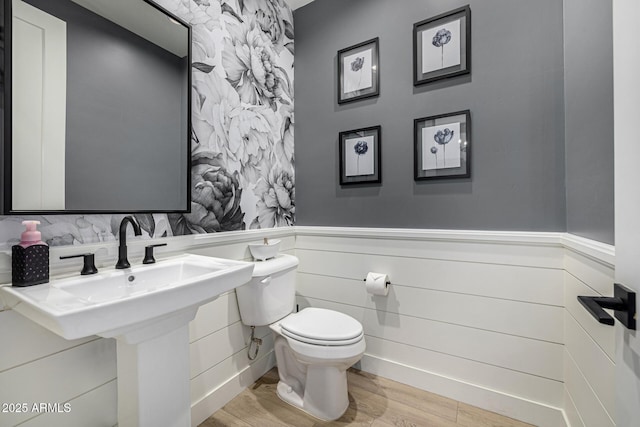 bathroom featuring wainscoting, toilet, and wood finished floors