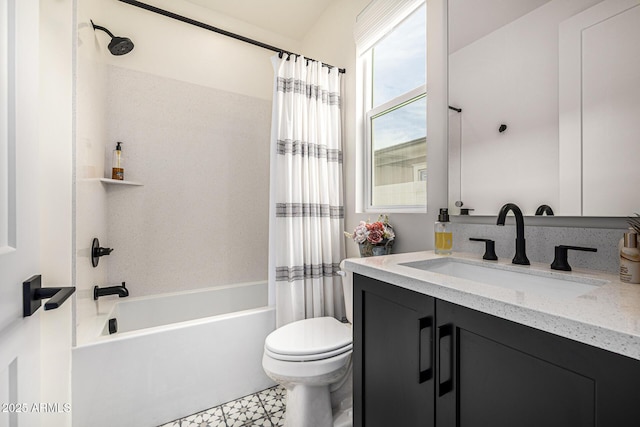 bathroom with vanity, toilet, and shower / bathtub combination with curtain