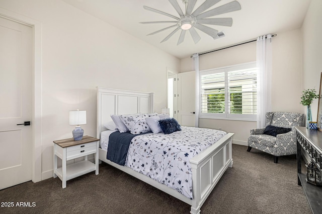 bedroom featuring visible vents, dark carpet, a ceiling fan, and baseboards