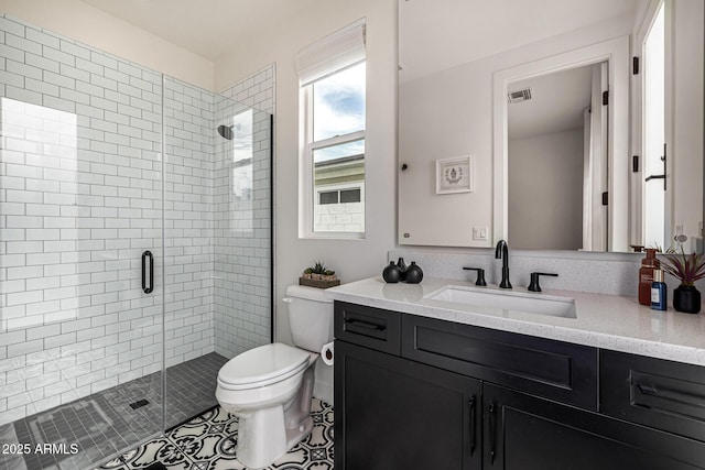 full bath featuring a shower stall, toilet, and visible vents