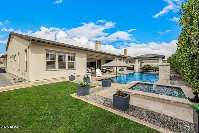 outdoor pool with a fenced backyard, a gazebo, a yard, ceiling fan, and a patio area