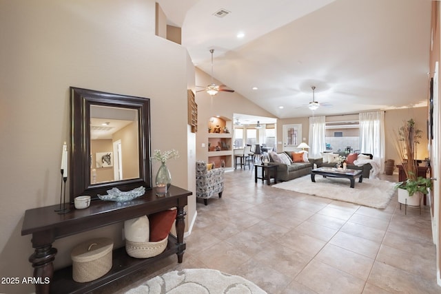 11320 E Newcastle Ave, Mesa, AZ 85209 - living room featuring a ceiling fan, lofted ceiling, and light tile patterned floors