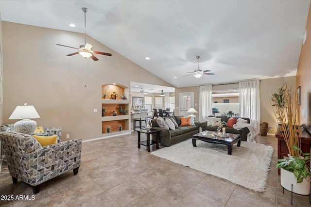 11320 E Newcastle Ave, Mesa, AZ 85209 - living area featuring ceiling fan, lofted ceiling, built in features, recessed lighting, and baseboards
