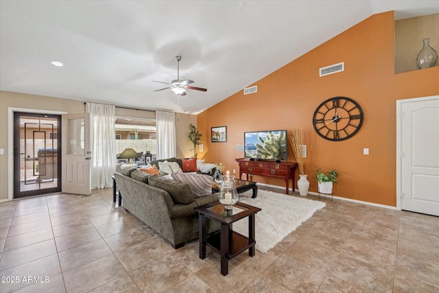 11320 E Newcastle Ave, Mesa, AZ 85209 - living area featuring a ceiling fan, baseboards, and high vaulted ceiling