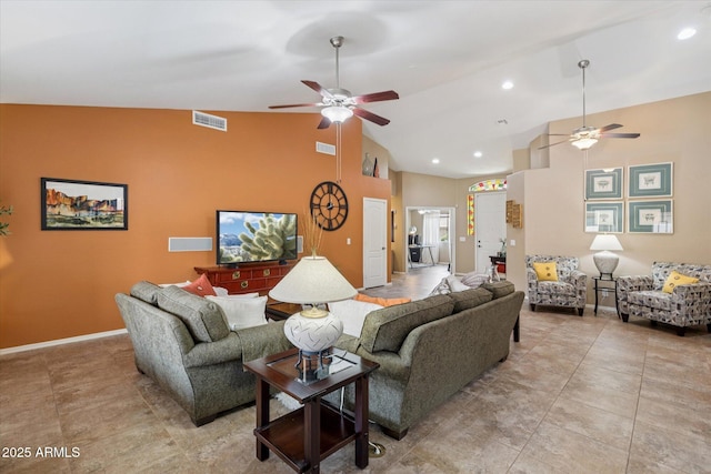 11320 E Newcastle Ave, Mesa, AZ 85209 - living room with a ceiling fan, lofted ceiling, recessed lighting, and light tile patterned flooring