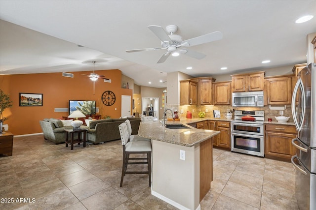 11320 E Newcastle Ave, Mesa, AZ 85209 - kitchen with appliances with stainless steel finishes, a sink, a ceiling fan, a peninsula, and open floor plan