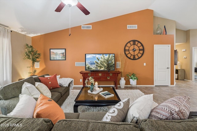 11320 E Newcastle Ave, Mesa, AZ 85209 - living room featuring high vaulted ceiling, a ceiling fan, and baseboards